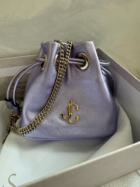 Jimmy Choo Metallic Lilac Drawstring Mini Bucket Bag